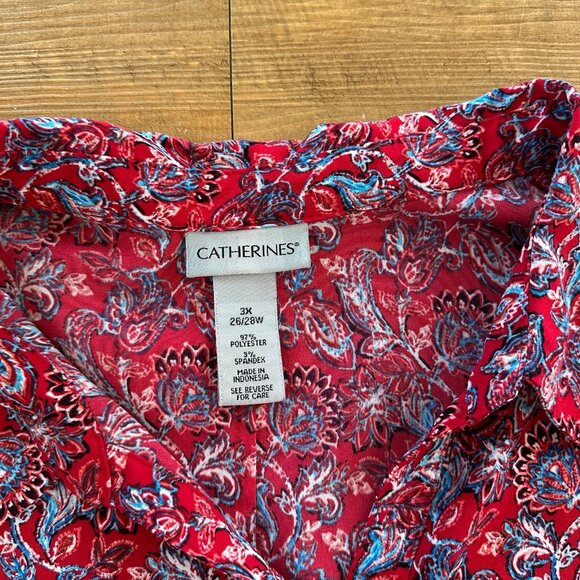 Catherines Red Floral Button Up Top 3X Roll Tab Sleeve Collared Tunic Blouse - Picture 2 of 7